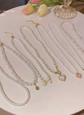 韩国新款小众珍珠项链女百搭拼接爱心锁骨链轻奢气质串珠项链批发