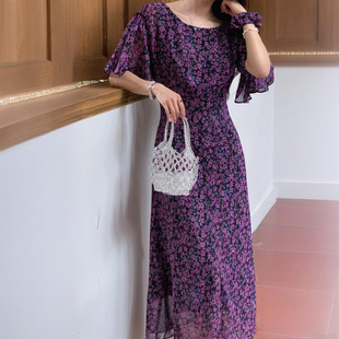 25年夏季新款韩国东大门圆领连衣裙法式碎花泡泡袖修身系带长裙