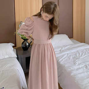 25年夏季新款韩国东大门ins圆领连衣裙法式宽松系带露肩长裙女