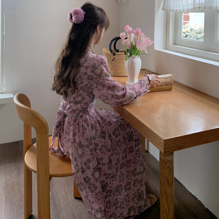 25年春季新款韩国东大门V字领连衣裙法式雪纺碎花收腰显瘦长裙