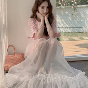 25年春夏新款韩国东大门连衣裙套装圆领气质网纱款仙女长裙两件套