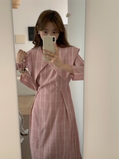 2025年春季新款韩国东大门ins长袖连衣裙收腰系带显瘦格子长裙女