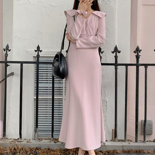 25年韩国东大门春季新款V字领长袖连衣裙法式纯色收腰鱼尾连衣裙