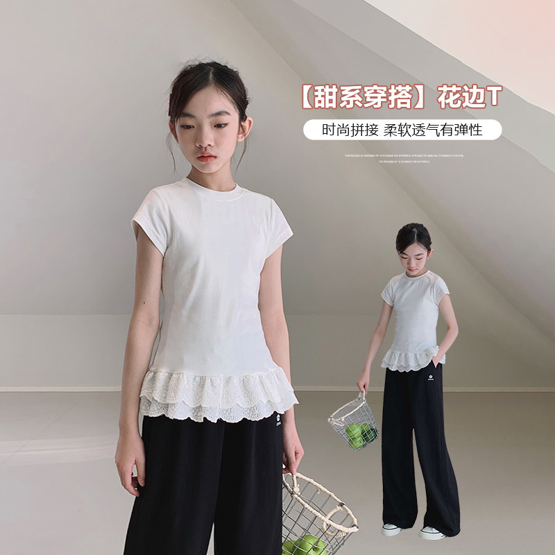 艾上朵女大童蕾丝边短袖T恤图片