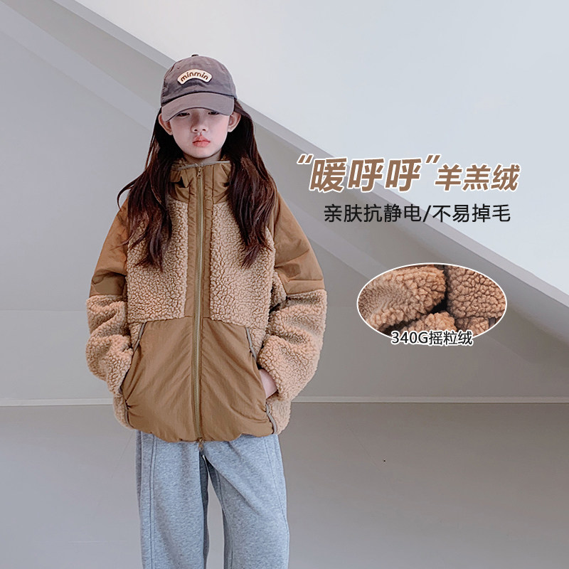 女童外套2024冬装新款女大童加厚连帽仿羊羔毛上衣青少年毛绒拉链图片