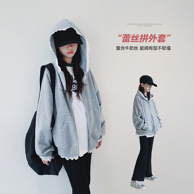 艾上朵蕾丝拼接连帽拉链衫外套图片