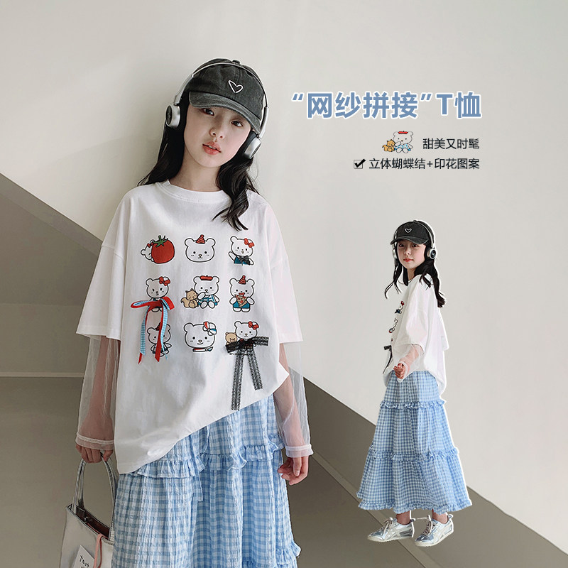 女大童T恤2026春夏装新款初中生女孩蕾丝假两件长袖上衣青少年t恤