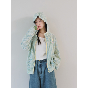 【放假了】初中生女孩外套2026春装新款青少年格纹薄款连帽拉链衫