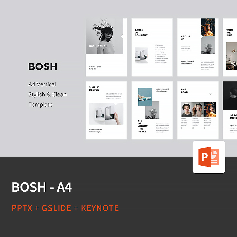 【PPT-1546】BOSH欧美竖版A4流行时尚大牌女服饰手机杂志PPT模板