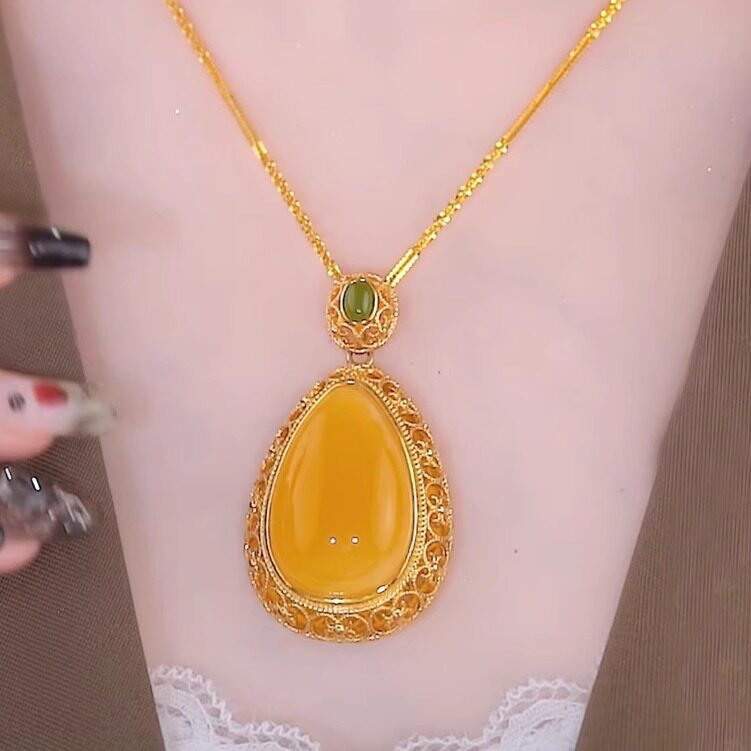 奥特莱斯折扣撤柜清仓玛瑙琥珀蜜蜡水滴黄色吊坠锁骨链女配饰礼物
