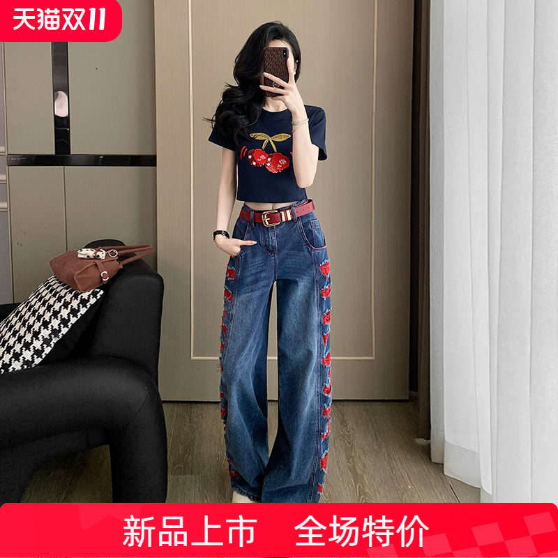 休闲时尚套装女装夏季美式辣妹短款短袖T恤上衣直筒阔腿牛仔裤子