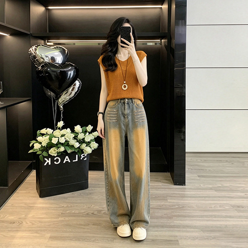 甜辣时尚套装女夏纯欲短款橘色镂空针织衫减龄复古街头牛仔裤套装