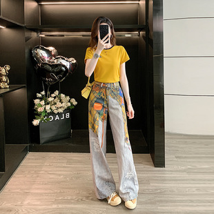 美式高街辣妹风短袖涂鸦牛仔裤休闲套装女夏高腰显瘦网红洋气炸街