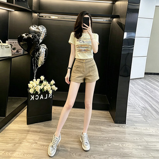 涂鸦紧身短款t恤女新款设计感修身显瘦辣妹短袖上衣牛仔短裤套装