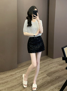高级感时尚短袖银河星空女装上衣夏季新款法式亮片黑色短裙一整套
