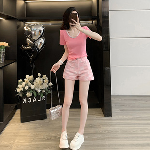 温柔风减龄时尚套装女2025夏洋气高端粉色短款短袖上衣服牛仔短裤
