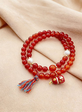 天然红玛瑙手串天然淡水珍珠手链女款正品女孩红色本命年轻奢高级