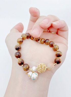 天然水晶黄塔晶虎眼石手串葫芦形天然淡水珍珠手链女款正品女孩