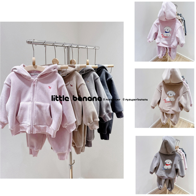 不打折 韩国代工厂童装冬奥粒绒保暖实用男女童拉链连帽运动套装