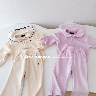 不打折 韩国代工厂童装女童加绒条绒海军风套头长袖喇叭裤2件套装