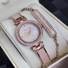 现货美国Anne klein粉色贝母表盘手镯款女士石英手表手链套装