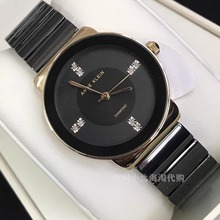 现货美国anne klein钢琴黑色陶瓷表带简约水钻女士石英手表显白