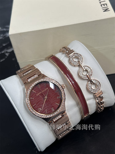 现货美国Anne klein简约玫瑰金色贝母表盘女士石英手表礼物套装