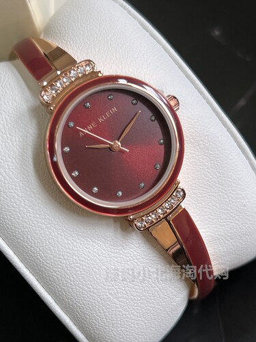 现货美国代购anne klein 枣红色水钻女士手镯款水钻石英手表