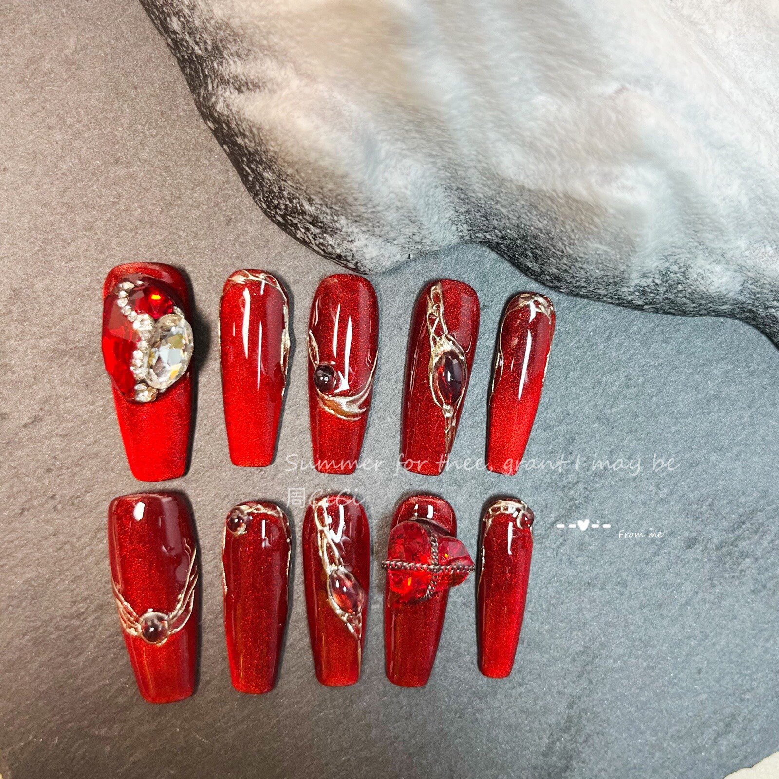 大红色婚甲中式婚礼美甲红色猫眼堆钻手工光疗甲成品美甲假指甲