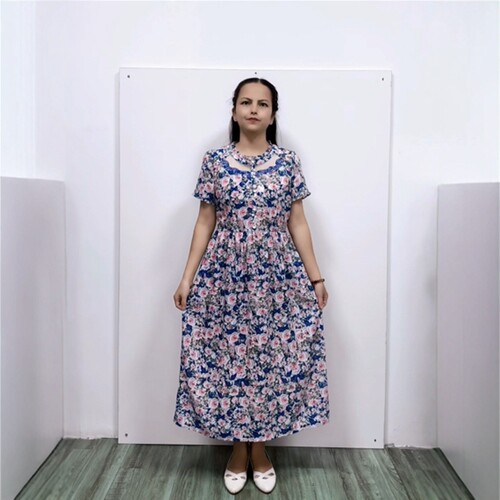 淑女风A字摆绢丝印花中长连衣裙