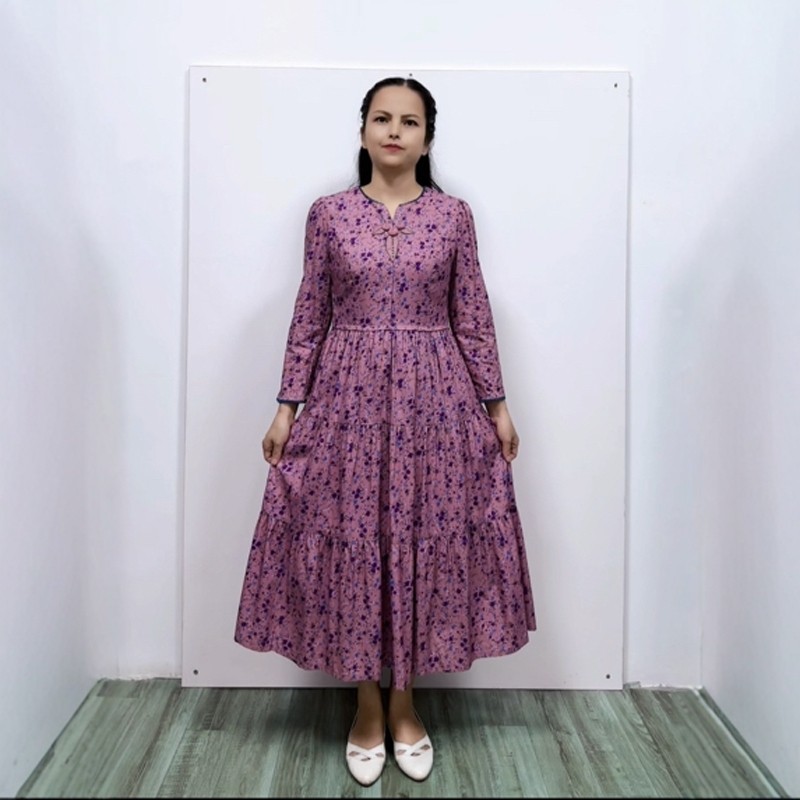 淑女风拼接大摆棉碎花中长连衣裙