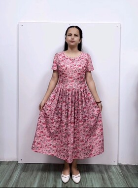 淑女风A字大摆绢丝印花连衣长裙