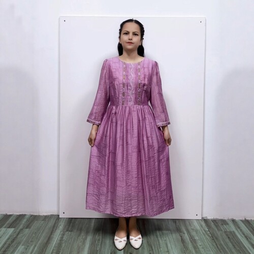 淑女风A字摆天丝纯色中长连衣裙