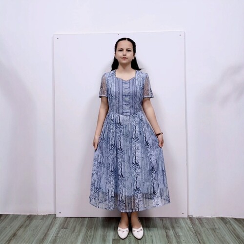 淑女风A字摆蕾丝印花中长连衣裙