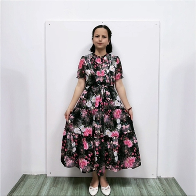 淑女风拼接大摆绢丝印花长连衣裙