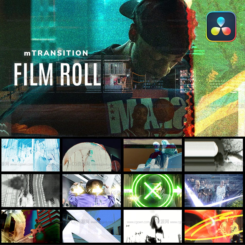 达芬奇插件-50种复古电影胶片灼烧穿孔溶解混乱闪烁故障转场过渡