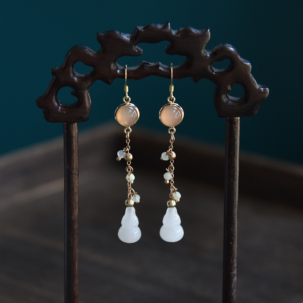华容珠翠原创设计耳环白玉葫芦耳坠古风古典汉服旗袍长款流苏耳饰