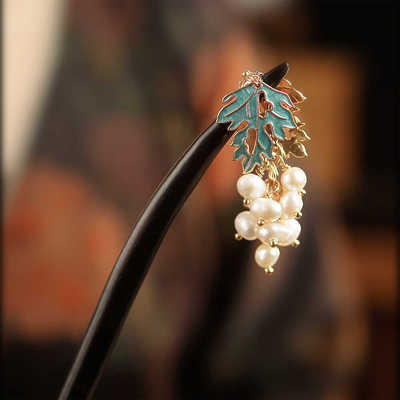 珍珠流苏华容珠翠黑檀木发簪