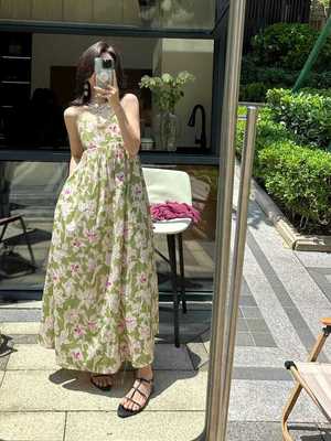 【桃喜】高端法式度假印花连衣裙全棉露背吊带长裙