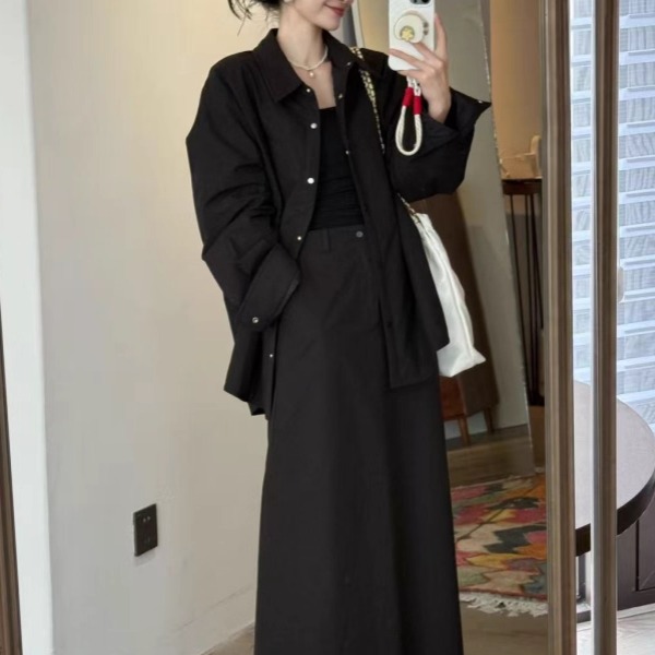 秋冬设计款棉服套装夹棉衬衣外套女+A字半身裙