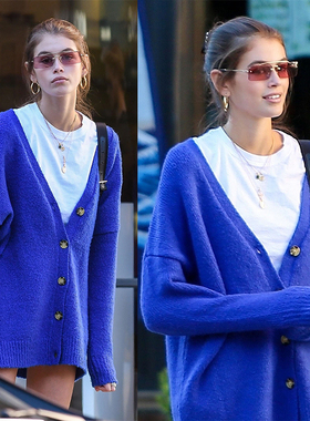 独家定制春秋Kaia同款深蓝色V领宽松慵懒风毛衣外套针织开衫