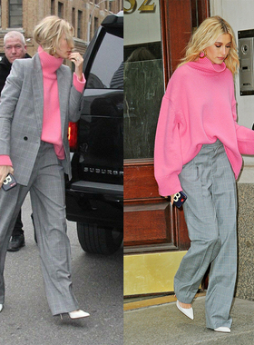 Hailey海狸同款商务型春秋高腰款显瘦时尚灰色格纹西装直筒裤2025