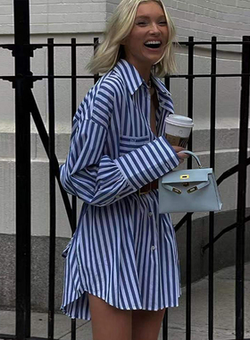 2025春季高级感Elsa Hosk超模同款欧美休闲宽松蓝条纹衬衫连衣裙