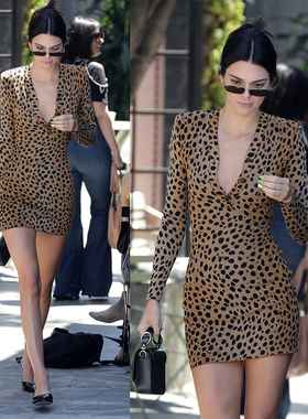 2025春装新款肯豆同款街拍重工浪漫石头纹豹纹理裹身弹力连衣裙