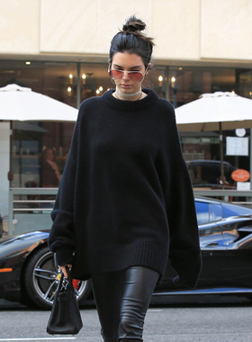 Kendall Jenner黑色欧美风宽松休闲保暖慵懒针织羊毛毛衣纯色春秋