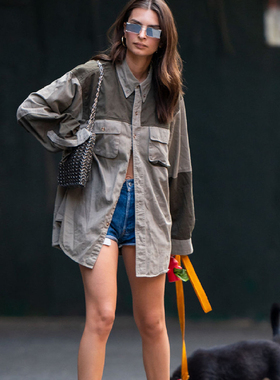 欧洲站Emily Ratajkowski街拍复古宽松长款oversize 拼接衬衫男女