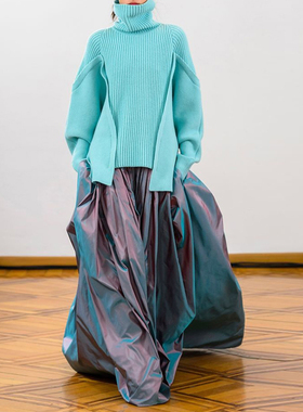 设计感慵懒蓝色高领毛衣女外套宽松外穿羊毛套头秋冬针织欧货加厚