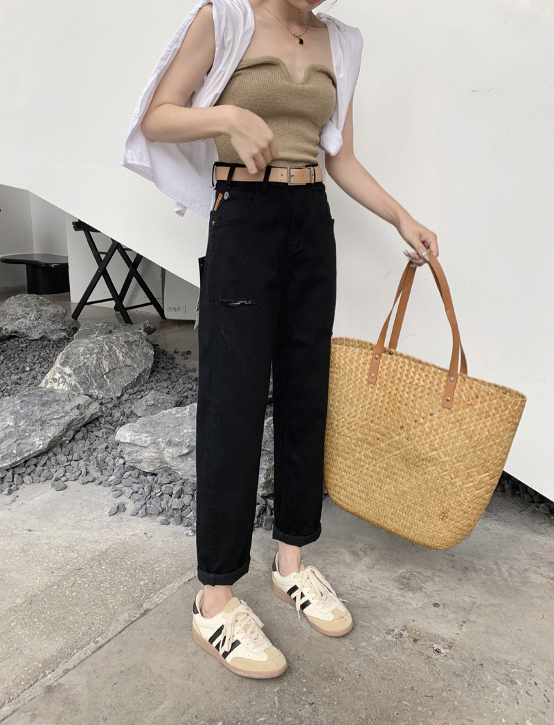 显瘦遮垮！夏薄软纯黑破洞裤！港味chic萝卜裤宽松牛仔裤女35006