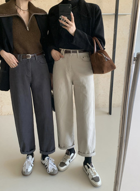巨巨温柔的燕麦色！春款大码胖m直筒牛仔裤九分宽松休闲裤68003