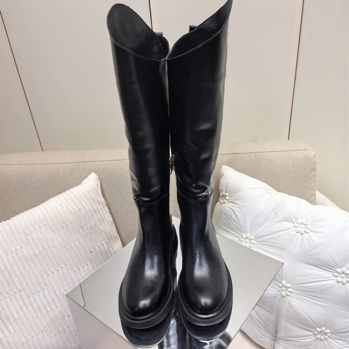 欧美法式极简小众JILSANd风厚底牛皮不对称靴筒女骑士高筒及膝靴,女鞋,骑士靴,淘宝优惠券,粉丝福利购,淘宝优惠卷